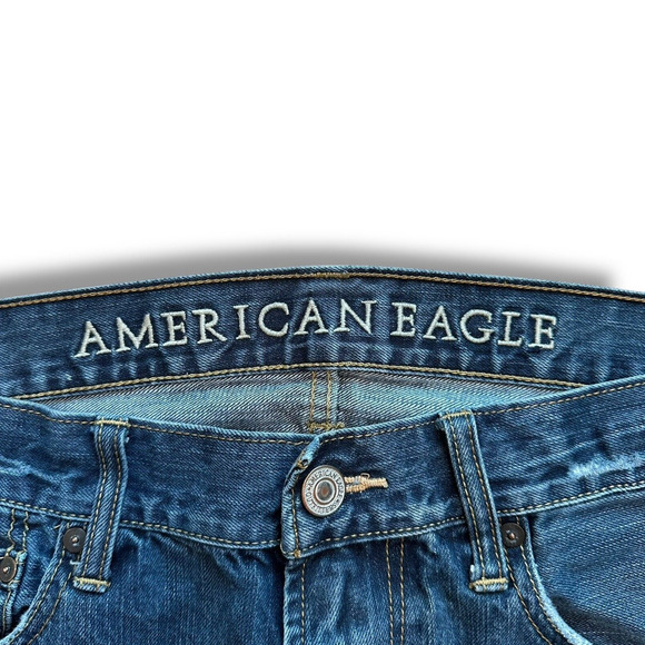 American Eagle Jeans Mens 34 x 32 Mid Rise Boot Cut Blue Cotton Denim Distressed - Picture 9 of 14